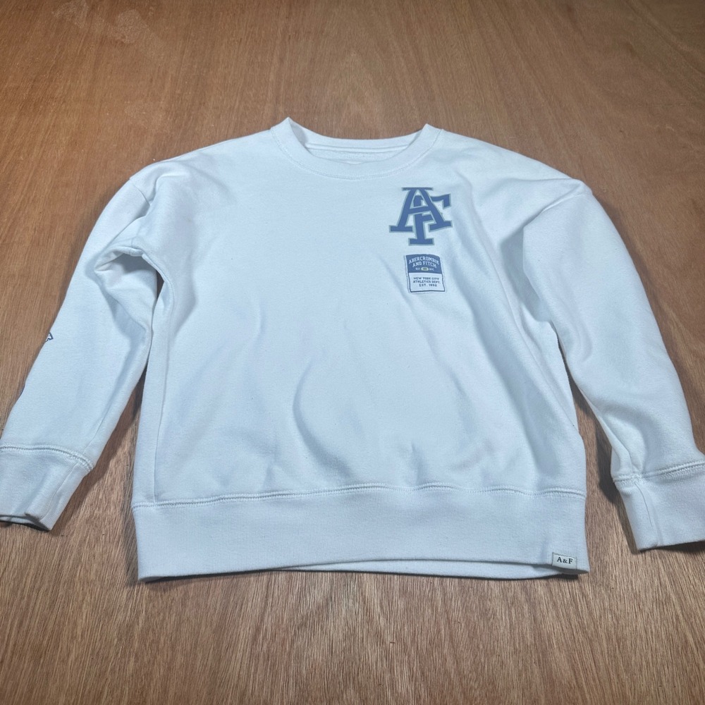 Abercrombie Kids Sweatshirt Boys 9/10 White Graphic Crewneck Fleece Pullover